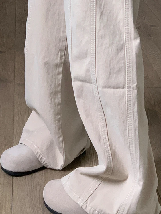 アメリカンハイウエストカジュアルパンツ レディースプラスサイズ ルーズドレープストレートレッグジーンズ ワイドレッグパンツ ベージュ