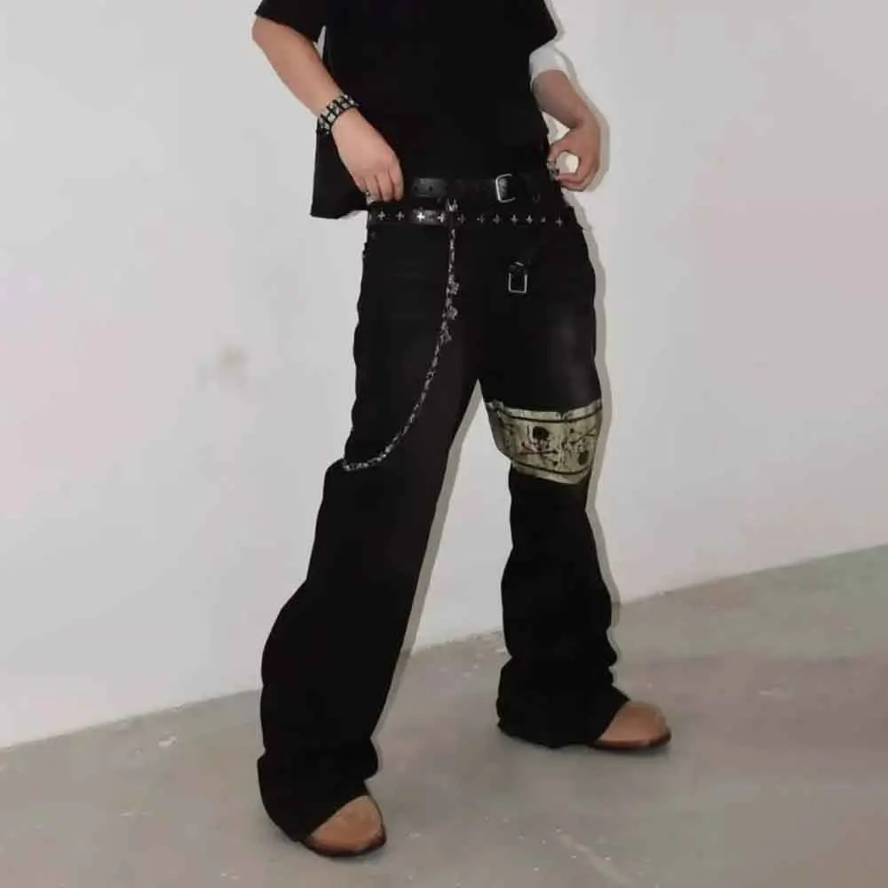 

Мужские потертые повседневные джинсы с принтом черепа, уличная одежда, модные уличные молодежные кампусные универсальные прямые брюки, мужская одежда 2025