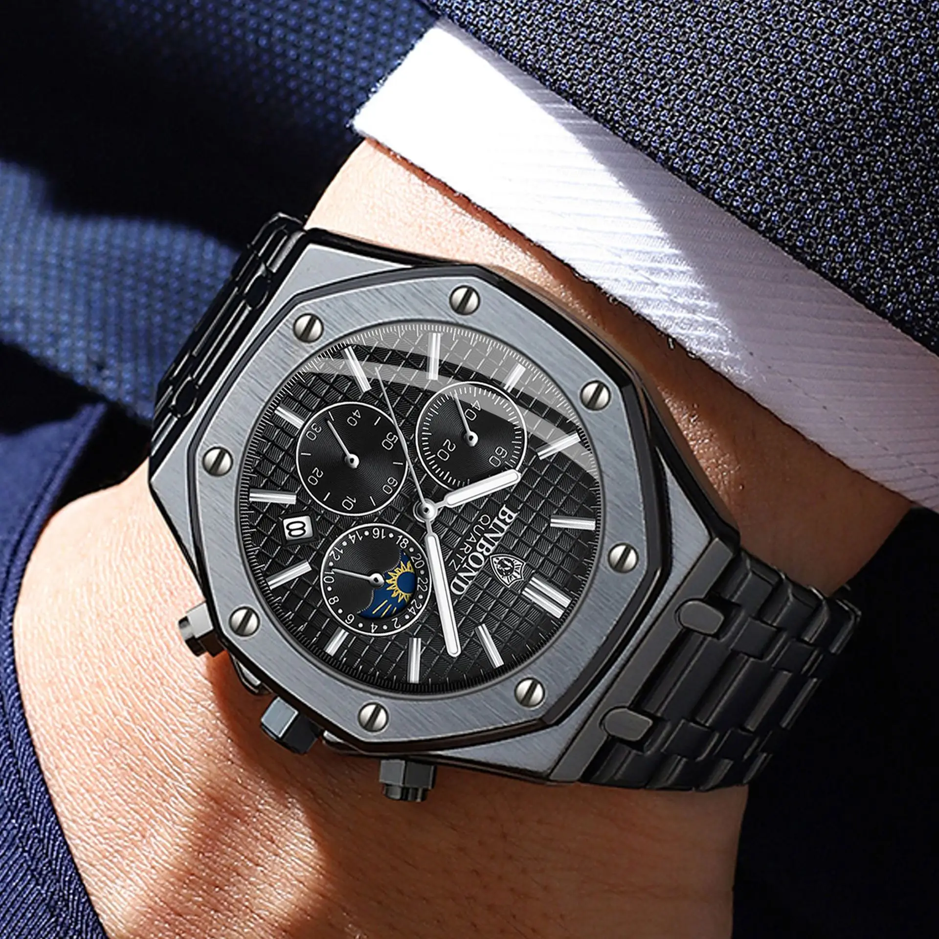 Cq316 novo relógio masculino, high-end três olhos seis agulha fase da lua tira de aço relógio de quartzo, relógio de luxo leve presente relógios para homem