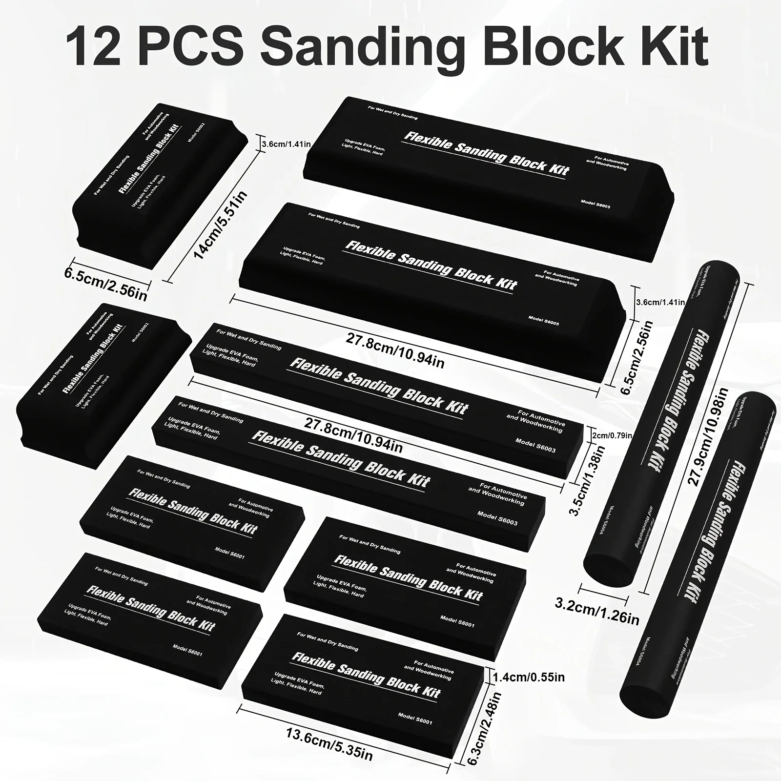 12PCS Sanding Block Kit Flexible EVA Foam Wet or Dry Autobody Hand Sanding Blocks Kit for Automotive Car Wood Bodywork