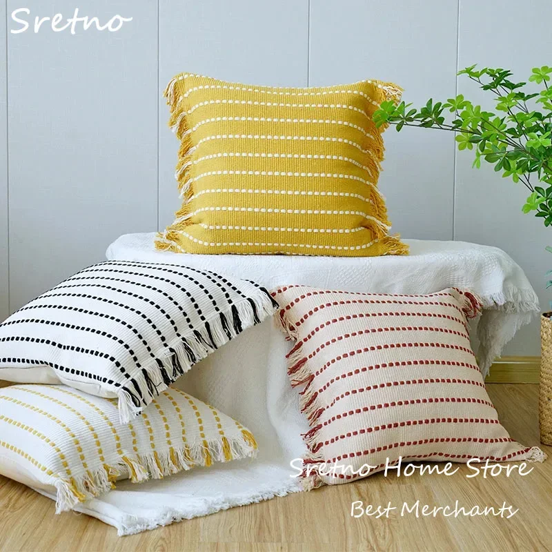 

Nordic Luxury Jacquard Pillow Covers Cotton Woven Tassel Pillow Cases Office Modern Minimalist Sofa Cushions Cover Funda Cojin