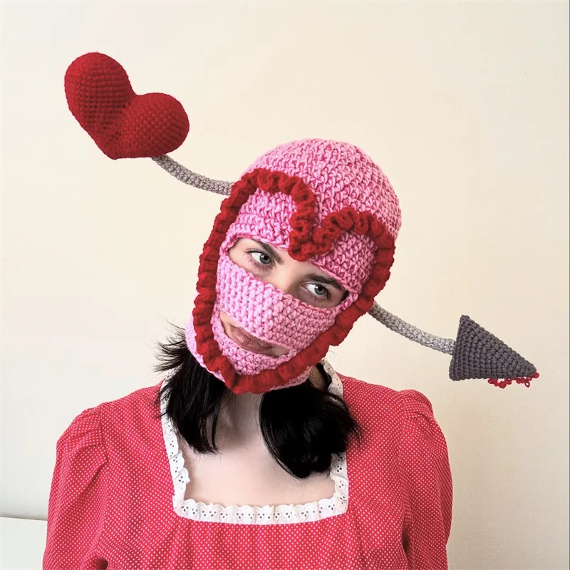 

Handmade Crochet Cupid's Arrow Balaclava, Pink Knit Heart Mask with Oversized 3D Heart & Arrow, Valentine's Day Statement Hat