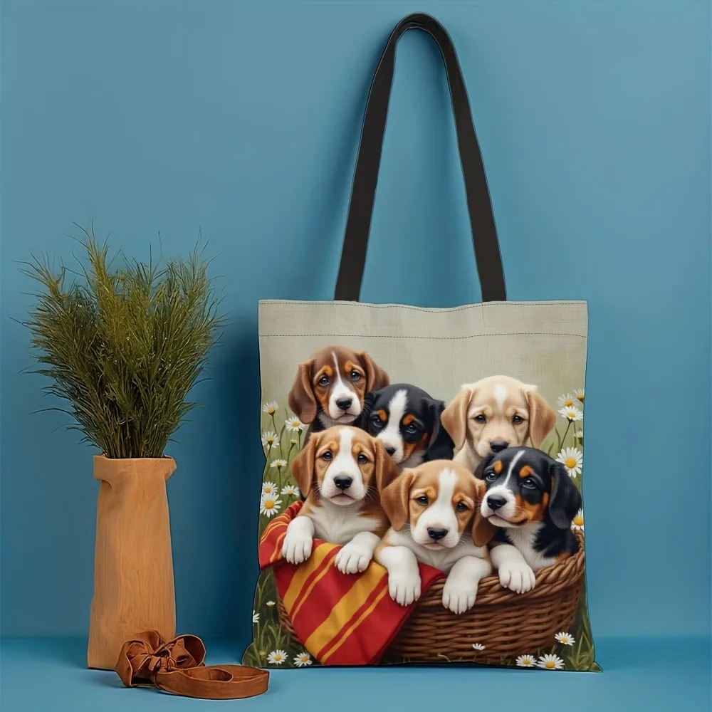 1 Pc Large Capacity Tote Bag With Cute Puppies Print Bags For Daily Use Grocery Shopping Travel For Dog Owners Shoulder Bag