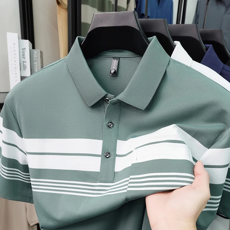 Striped Polo Shirt Men's Short Sleeve T-Shirt Notch Lapel Half-Sleeve Summer New Arrival Dad Tee