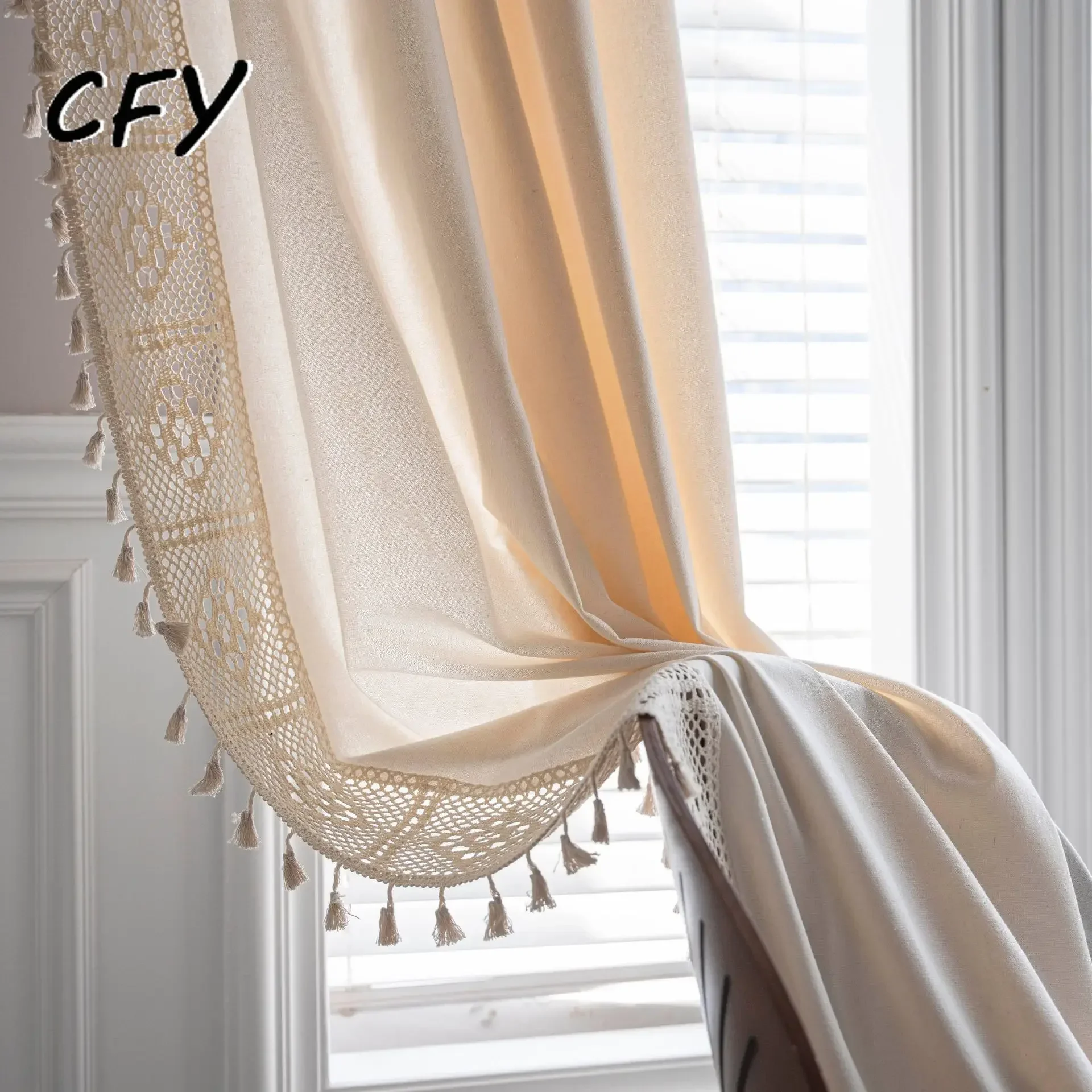 American Solid WithTassels Cotton Linen Blackout Window Curtain Thick Ready-made Drapes for Bedroom Curtains In The Living Room