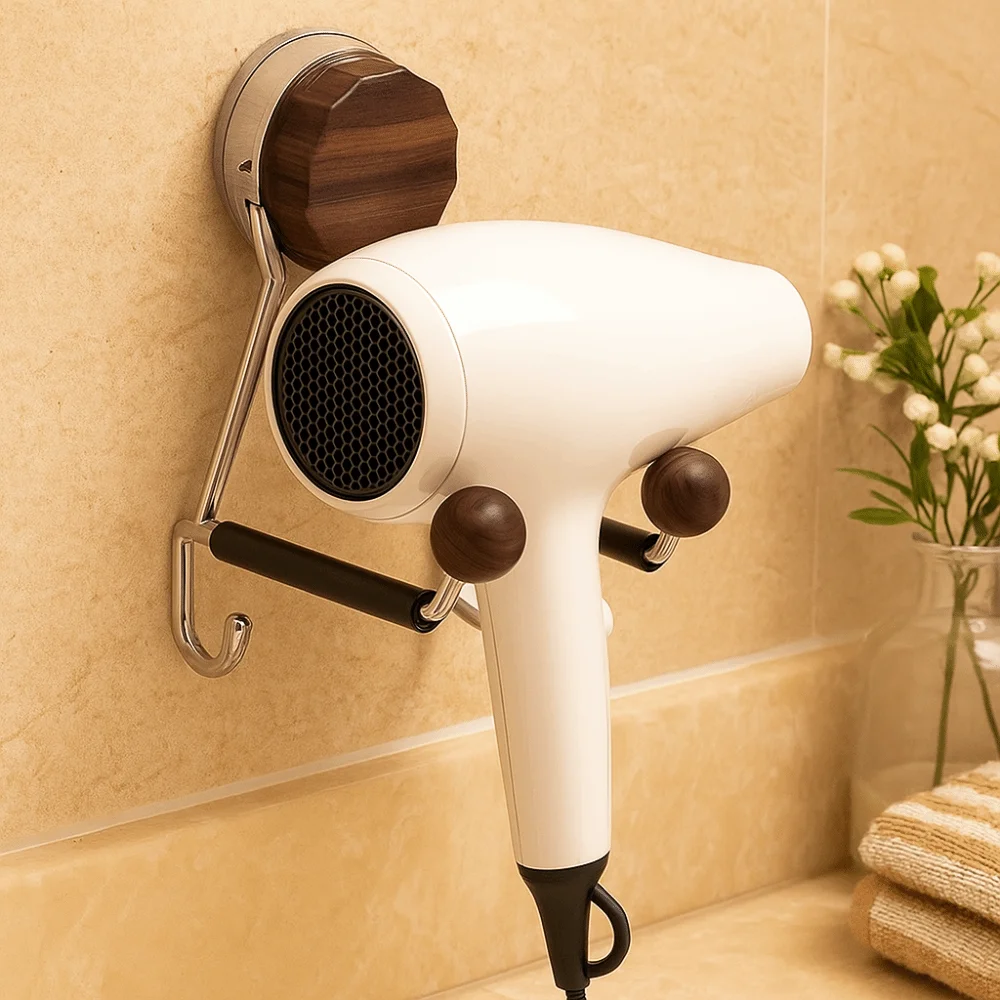 

Wall Mounted Hair Dryer Rack Space Saving Adjustable Suction Cup Storage Rack Suction Cup Style Wood-Look Hair Dryer Holder