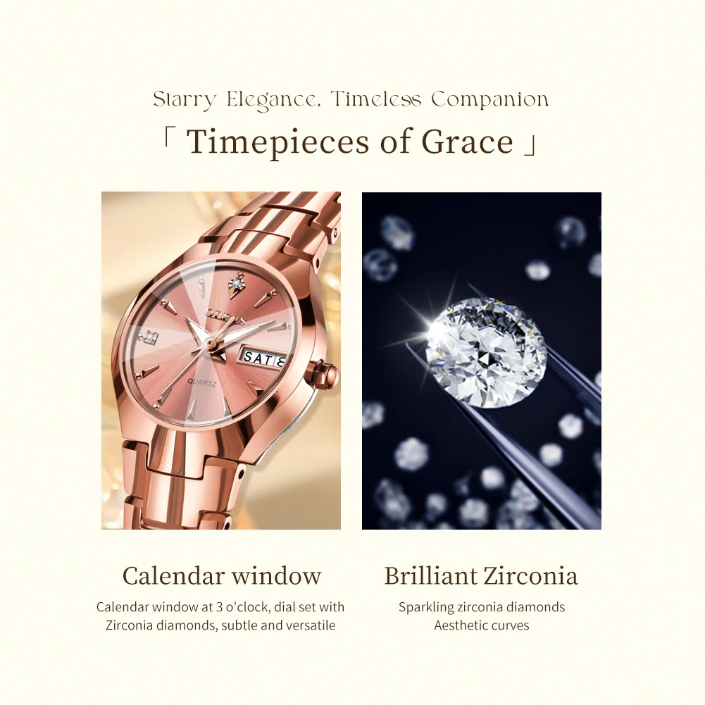 OLEVS 8697 Orologio da donna Orologio da polso al quarzo originale Rombo Specchio Acciaio al tungsteno Giorno Data Orologi per donna Set di braccialetti Reloj