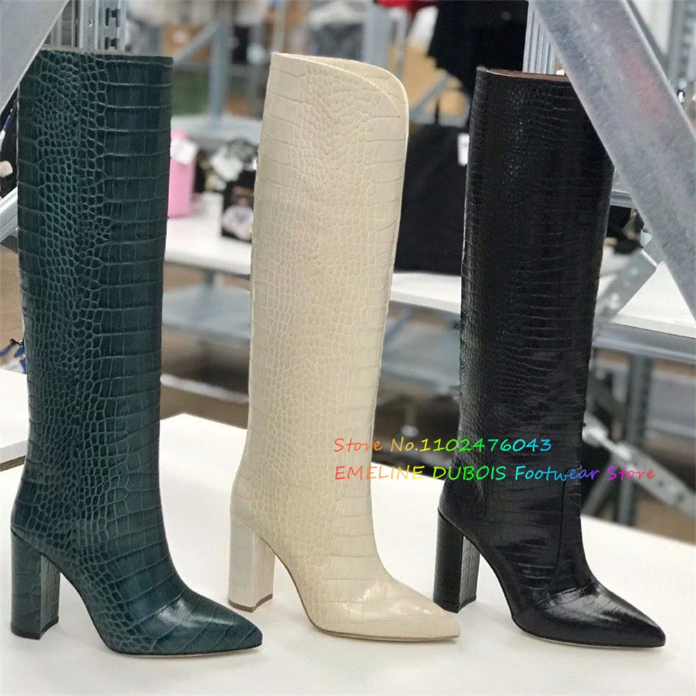 

Crocodile Pattern Pointed Toe Knee High Boot Women Leather Thick Heel Back Zipper Winter New High Heel Party Dress Long Boot