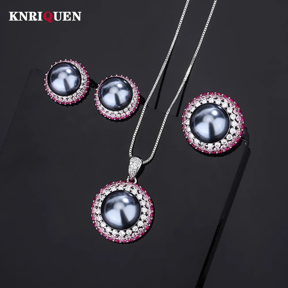 

Charms 12-14mm Black Pearl Lab Diamond Pendant Necklace Ring Earrings for Women Wedding Party Fine Jewelry Set Anniversary Gift