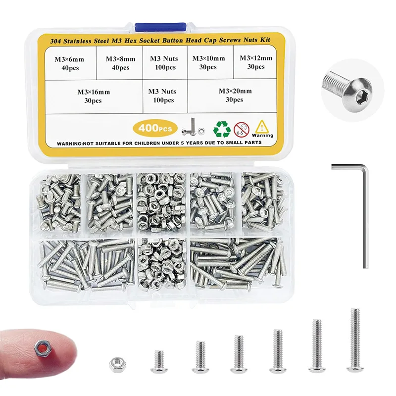400Pcs Boxed M3 12.9 Grade Black Zinc Plated Socket Cap Head Screws & Nuts Assortment Kit, Alloy Steel Fasteners