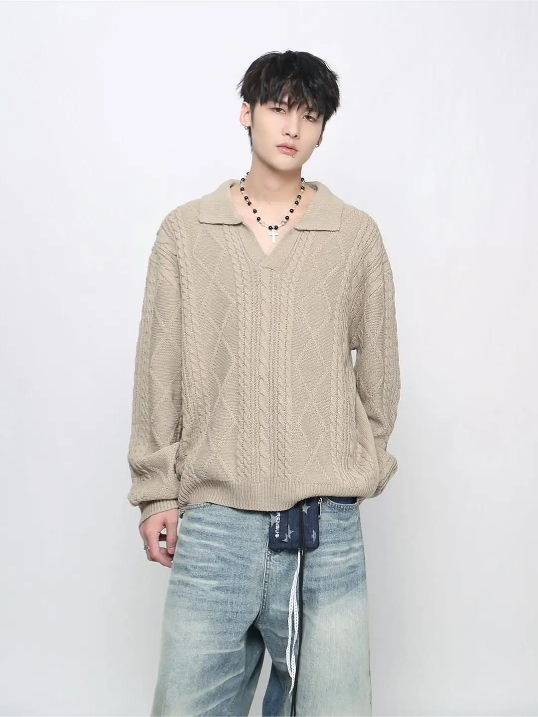 

Американский свитер с воротником в стиле ретро, мужской повседневный ленивый свитер, осень-зима, трикотажный свитер с высоким чувством, модный свободный крой, длинный...