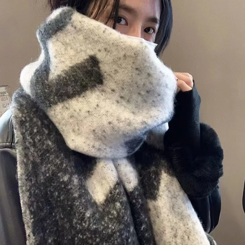 موضة الموهير الصوف شرابة الأوشحة الدافئة سميكة جديلة هامش خمر شال سميك لينة الفحم رمادي وشاح طويل الشتاء/الخريف #1