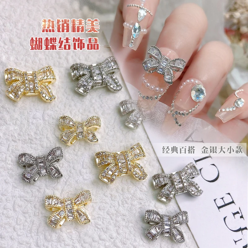 10pcs/Lot Luxury Rhinestones Bowknot Shape Nail Charms Metal Alloy 3D Bow Nail Art Diamond Jewelry DIY Decoration Manicure Parts