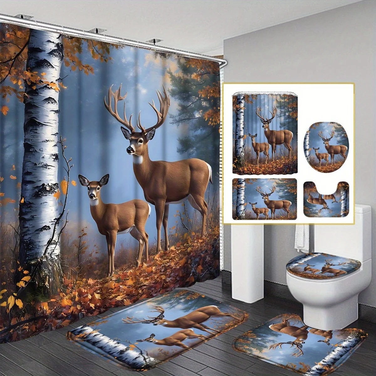 4pc Autumn Forest Deer Herd Shower Curtain Set, Home Bathroom Decor, Holiday Gift, 12 Hooks Included