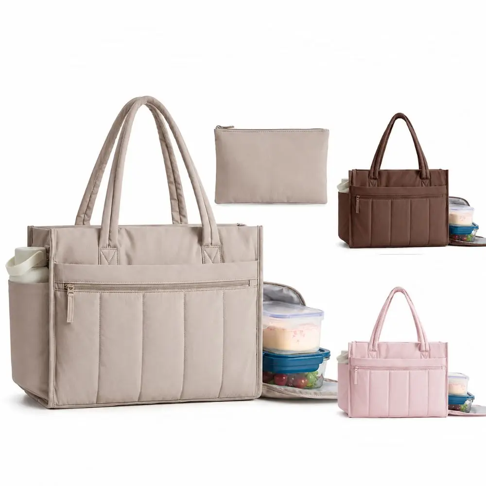 30L Capacity Laptop Tote Bag Puffer Zipper Closure Lunch Tote Padded Handles Matching Pouch Work Handbag Business Travel