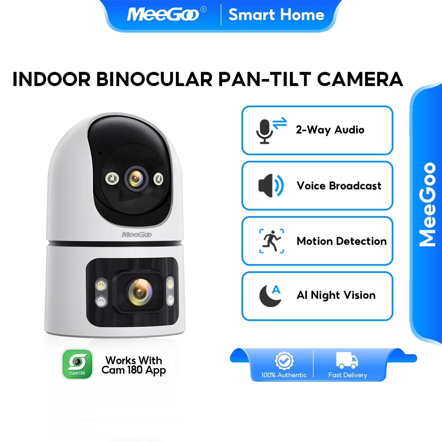 MeeGoo CM15 3MP Dual-Lens WiFi PTZ Camera, Two-Way Audio, Humanoid Tracking, Indoor 10m Baby Night Vision 360° Pan