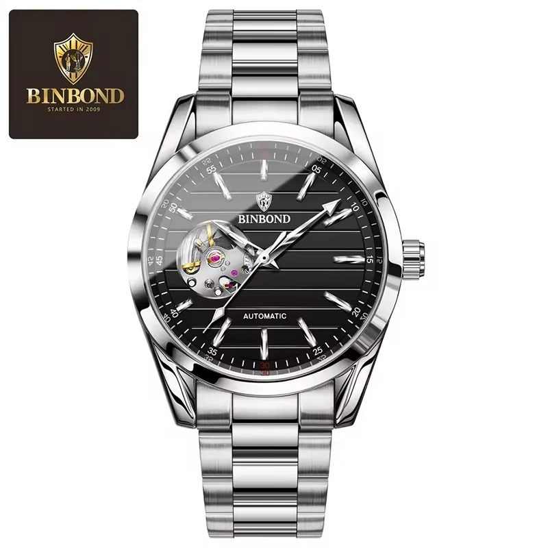 BINBOND Fashion High End Automatic Movement Men's Mechanical Watch Hollow Men's Watch Waterproof Business Watch Watches for Man