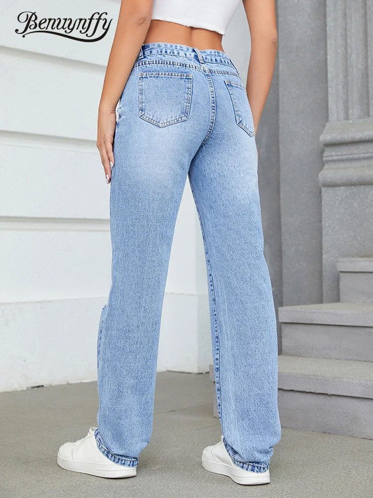 Imagem -02 - Benuynffy Zíper Voar Rasgado Reta Perna Jeans Mulher Casual Streetwear Cintura Alta Denim Calças Largas Moda Solta Bottoms