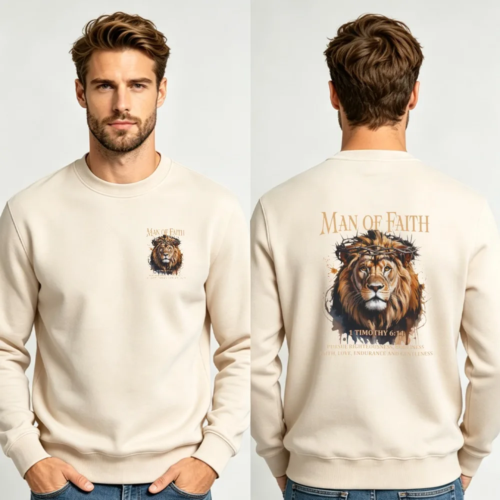 Men Man of Faith Lion Crown of Thorns Double Sided Crewneck Sweatshirt Vintage Christian Religious Print Fit Pullover Sweatshirt