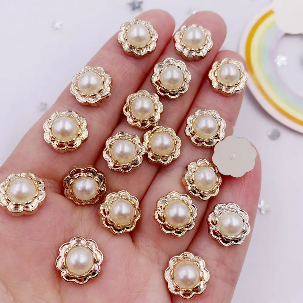 30pcs Golden Color Acrylic Flower Round Pearl Flatback Rhinestone Buttons Appliques DIY Scrapbook Ornament Craft Accessorie V021