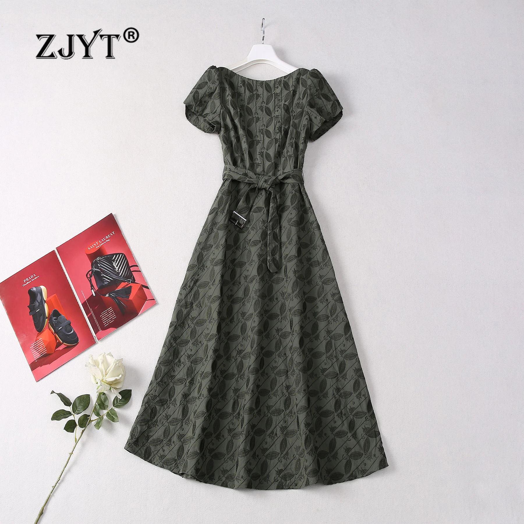 

ZJYT Runway Fashion Embroidery Dress Women 2024 Summer Designer Short Sleeve Vintage Midi Dresses Green Casual Holiday Vestidos