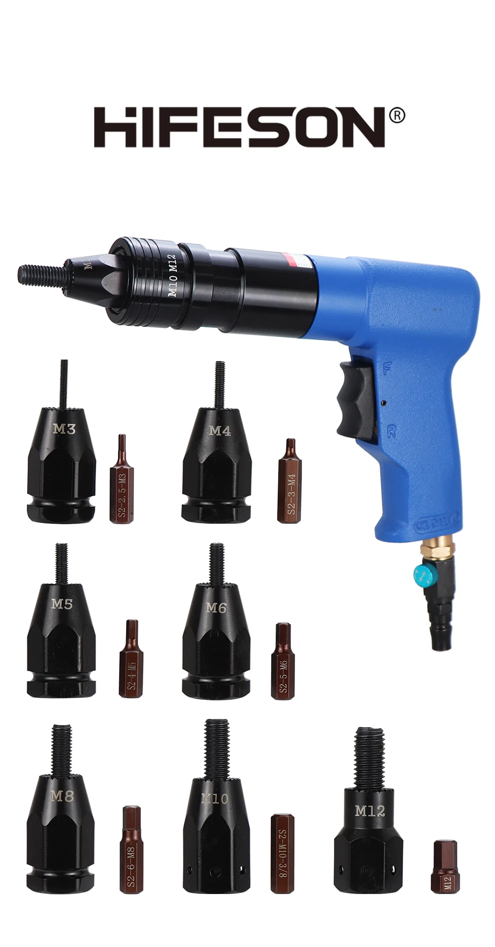 HIFESON Pneumatic Rivet Gun Nuts Riveter Air Rivet Nut Tool Automatic Insert Nut Gun M3 M4 M5 M6 M8 M10 M12 Screws Installation