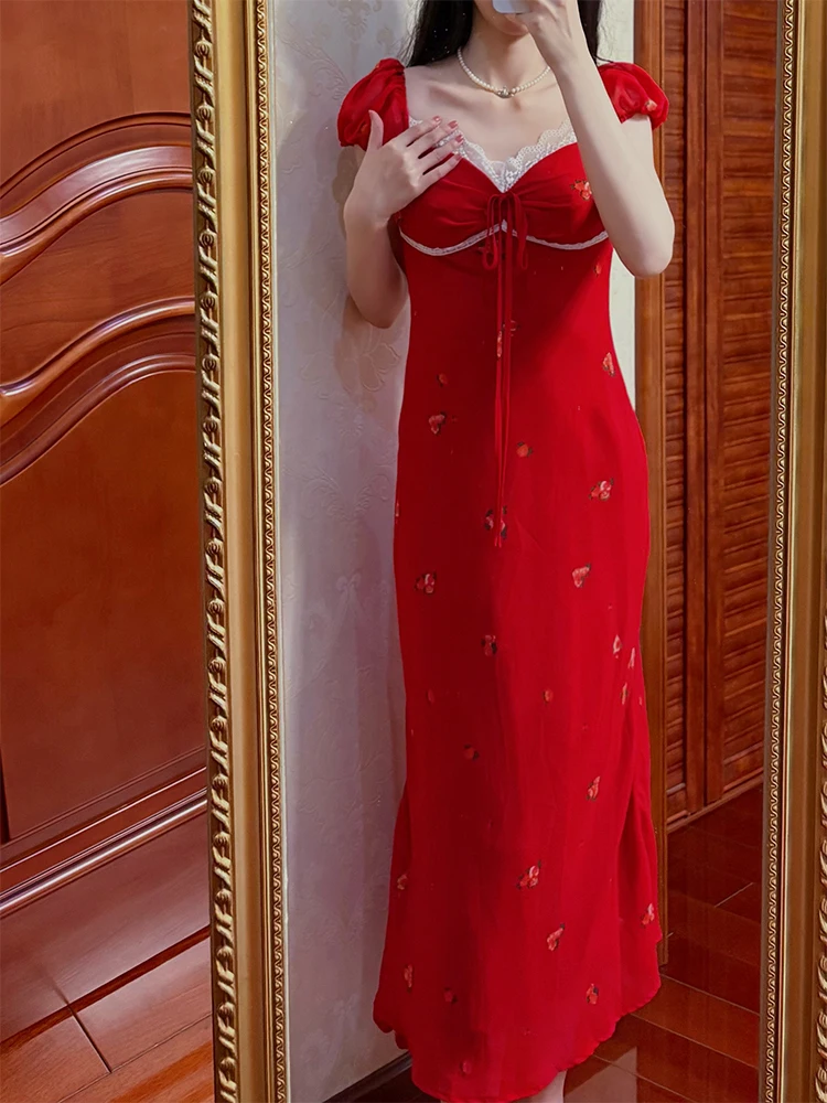 Empalme de encaje Floral rojo ort Sve Dr, novedad de verano para mujer, cintura desechable pura, ceñida, adelgazante, corte en A, largo Dr