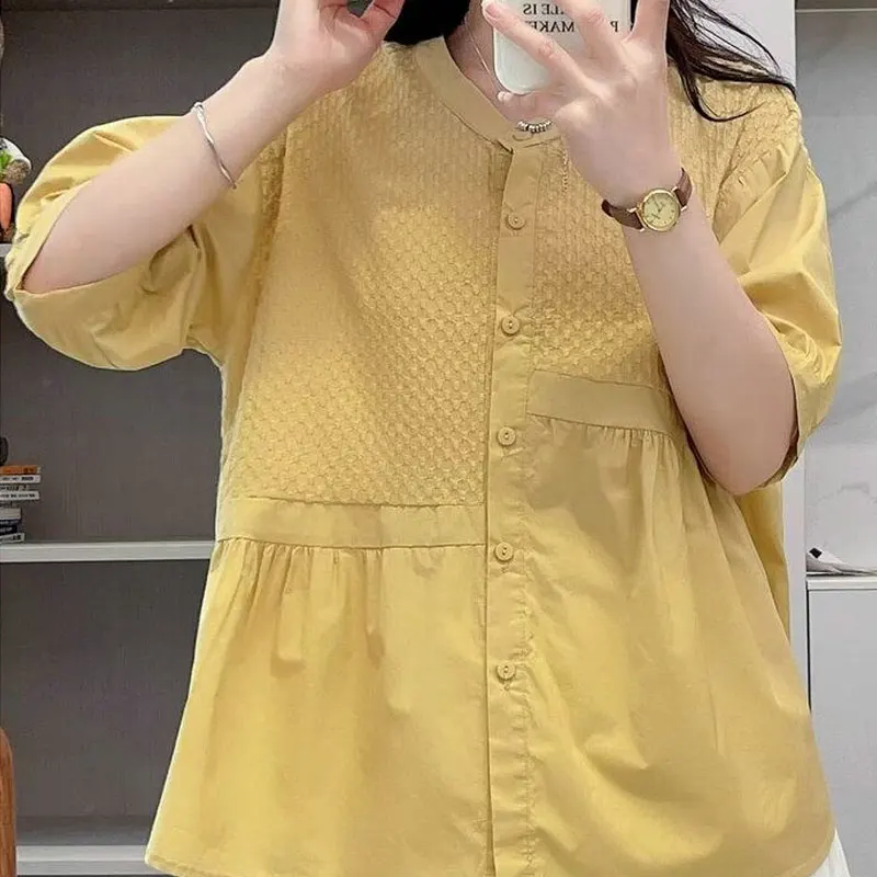 2023 Casual Sweet Solid Color Blouse Female Single-breasted Korean Loose Patchwork O-Neck Summer Half Sleeve Asymmetrical Shirt