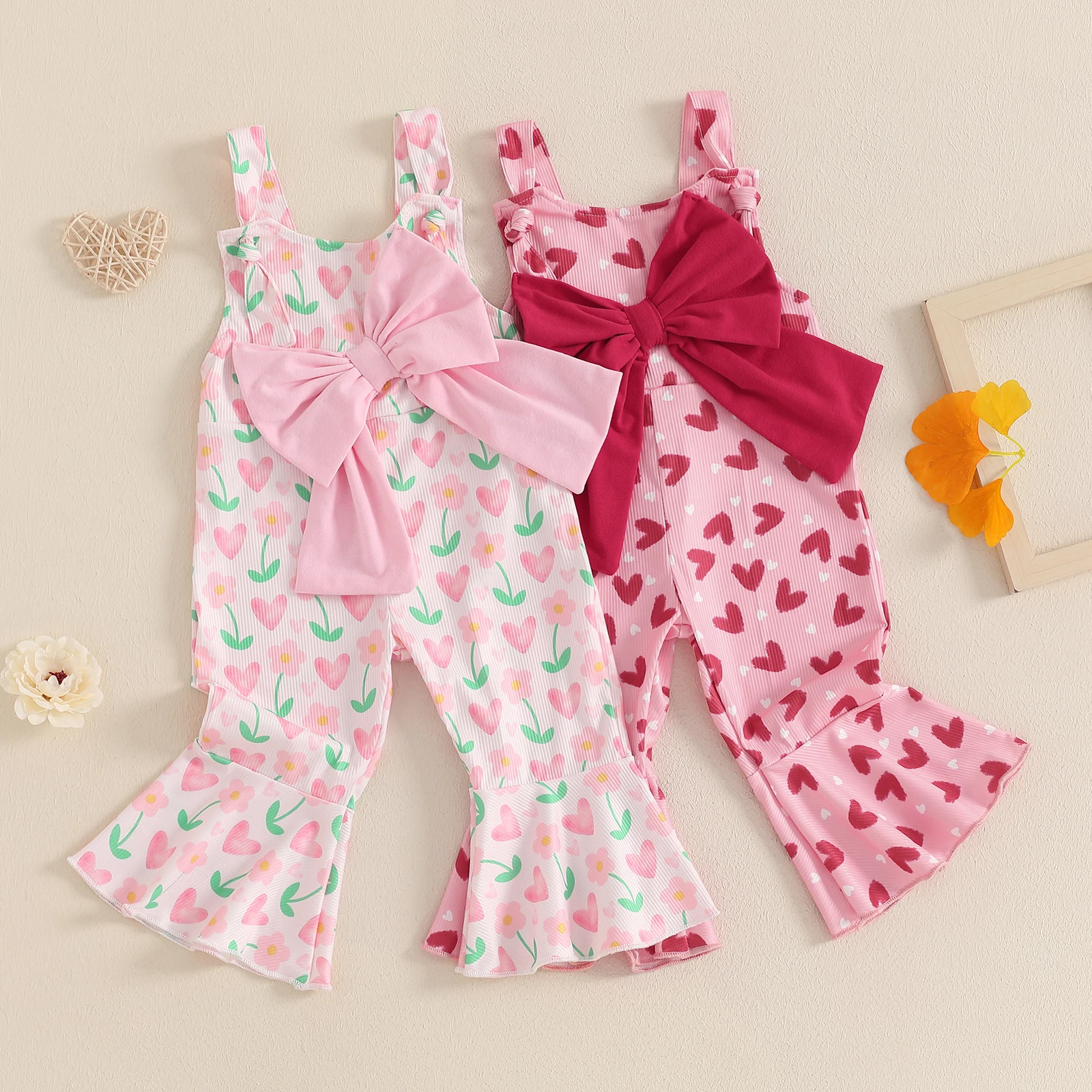 Lovely Kids Girls Overalls Heart Print Flare Pants Bowknot Valentine’s Day Jumpsuits Clothes Casual Kids Rompers Playsuits