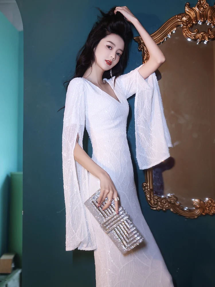 

Потрясающее белое вечернее платье для женщин: модная юбка-русалка, роскошное высококачественное платье для новогодней вечеринки, с молнией и бисерной отделкой