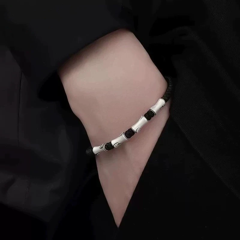 Thai Silver Bamboo Knot Bracelet for Men New Chinese Style Woven Black Rope Bracelets Simple Unique Gift For Boyfriend KOFSAC