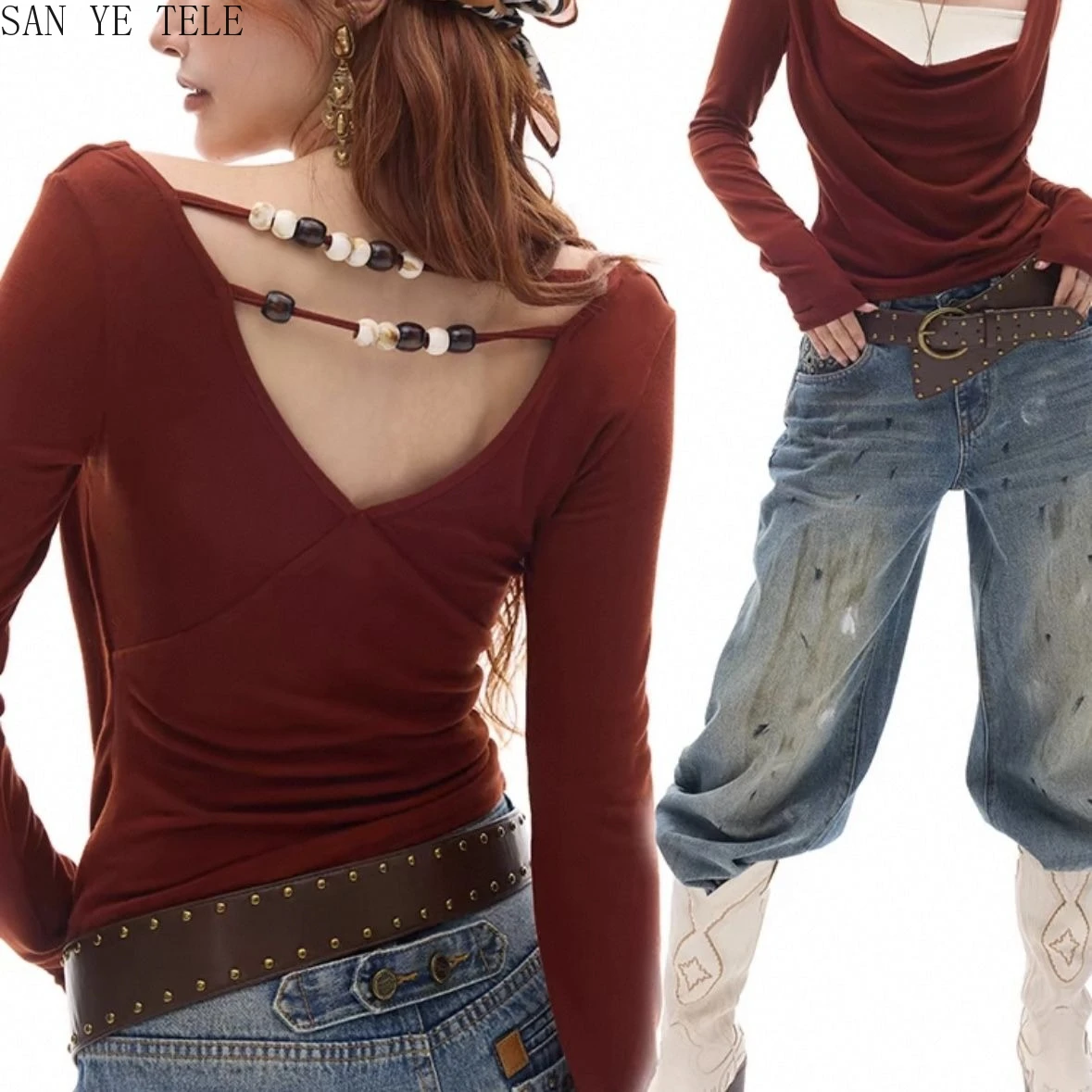 

Bead Decoration Fake 2pieces Y2k Tops Long Sleeve Women Vintage Red Swing Collar Sexy Korean Elasticity Soft Skinny T-shirts