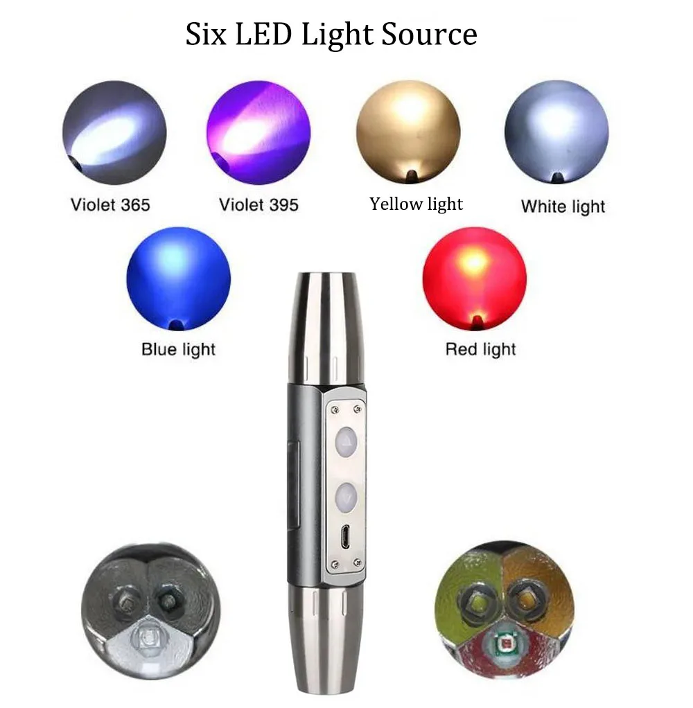 Stainless Steel Flashlight Rechargeable Gemstone Detector Led Pen Light UV Gem Torch