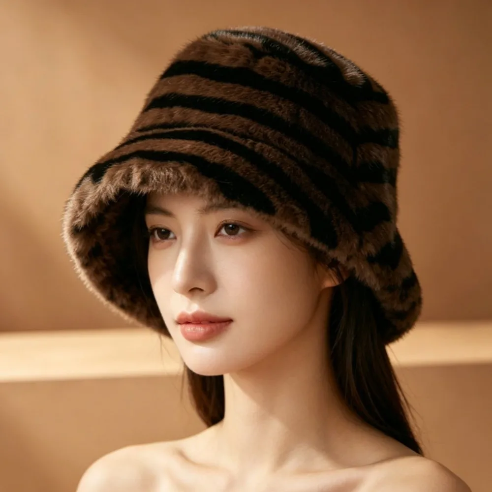 New Zebra Pattern Winter Bucket Hat Fluffy Faux Fur Striped Fisherman Hat Ear Protection Soft Basin Hat