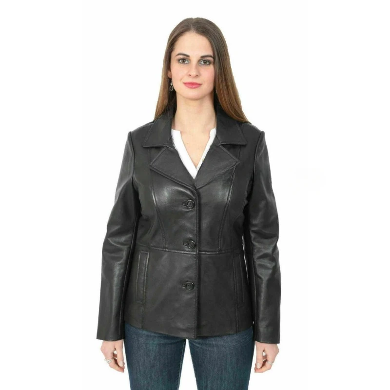 Blazer de couro verdadeiro feminino de pele de cordeiro, casaco casual elegante preto genuíno