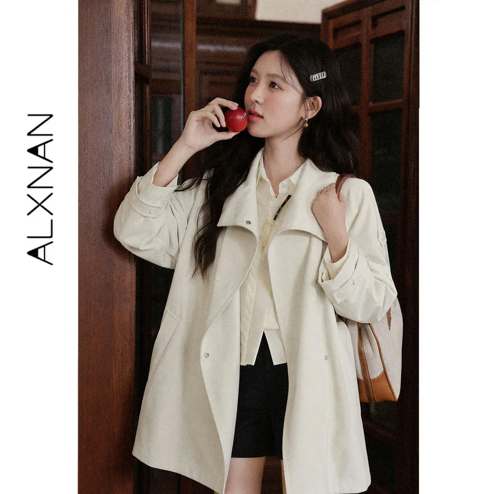 ALXNAN British Style White Trench Coat Women Autumn New Lapel Fashion Outerwear 2026 Elegant Female Short Coat L681176A