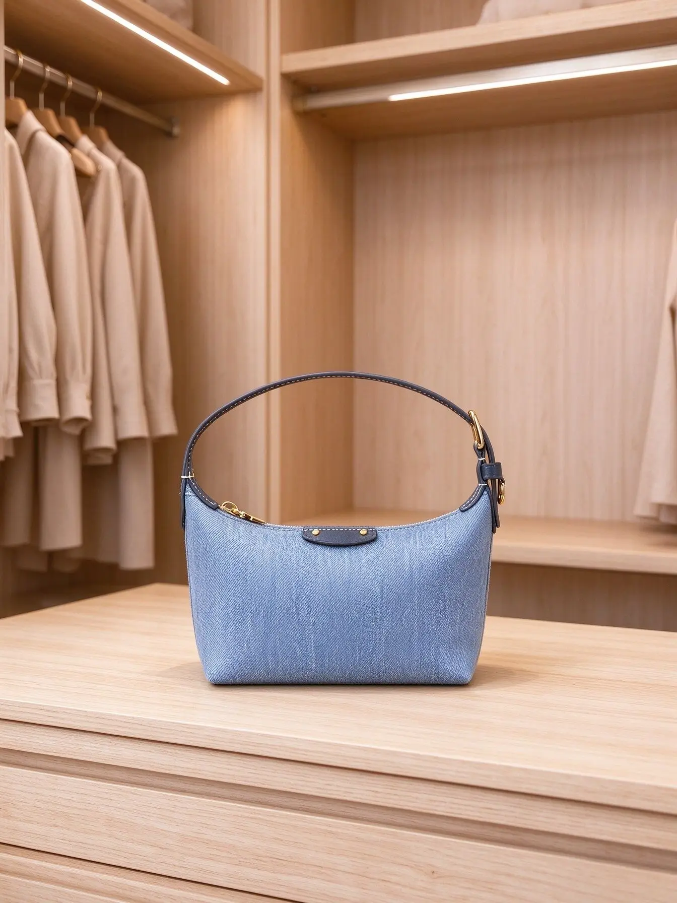 Women Denim Hobo Underarm Bag Contrast PU Trim Zipper Closure Adjustable Short Strap Casual Ladies Shoulder Handbag