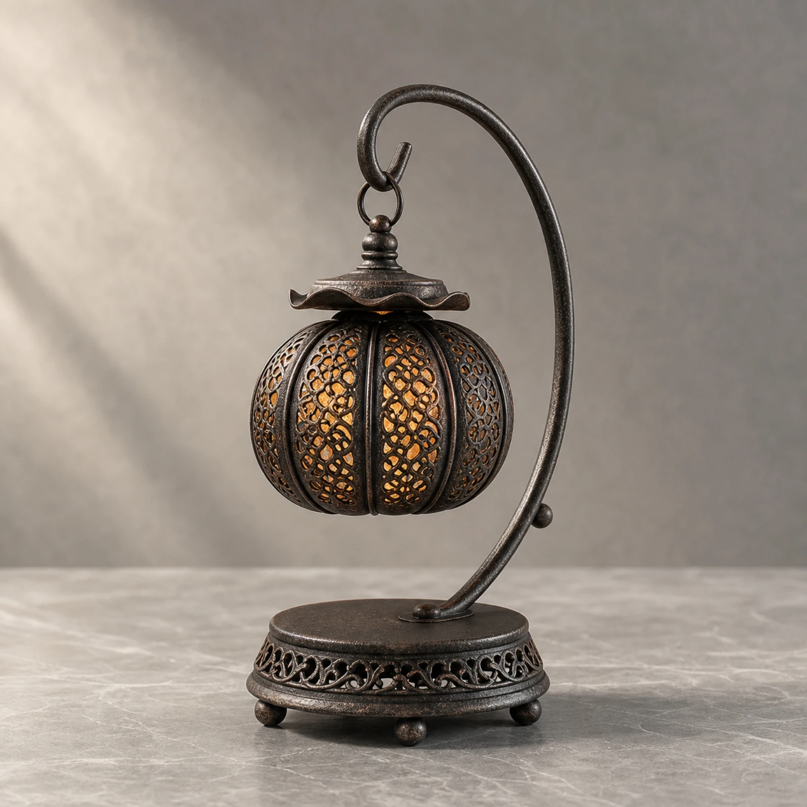 Lantern with Pumpkin Ornament Decorative Craft Lantern Light Decor Black Metal Festive for Bookshelf, Reading Corner