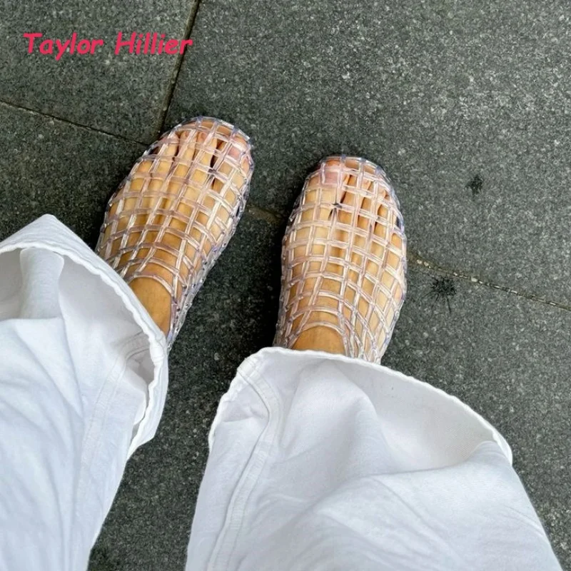 Transparent Mesh Jelly Flat Sandals Women's Hollow Out Slip-On Breathable Casual Summer Beach Daily Commute Street Fashion Shoes