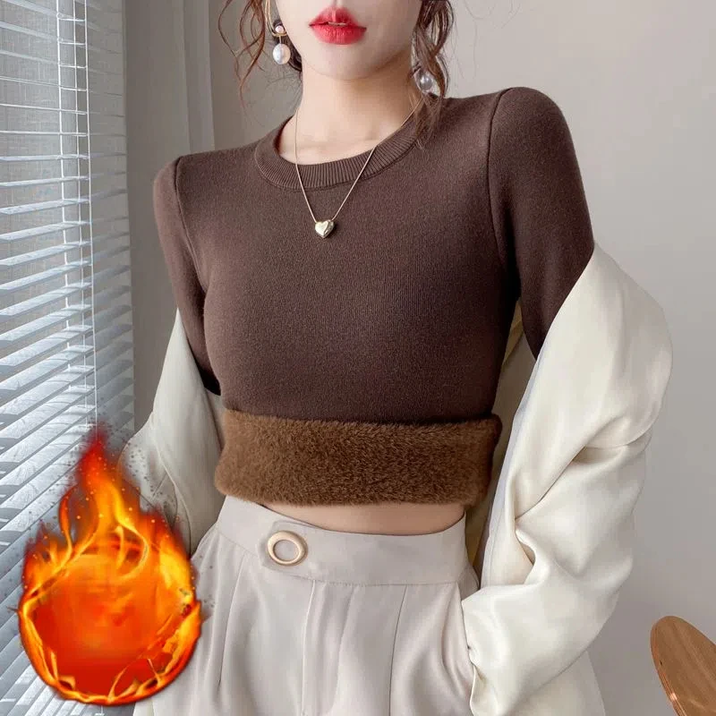 

Осень-зима, круглый вырез, флокированная винтовая резьба, однотонный пуловер, женская одежда с длинными рукавами, свитер, вязаные эстетические топы