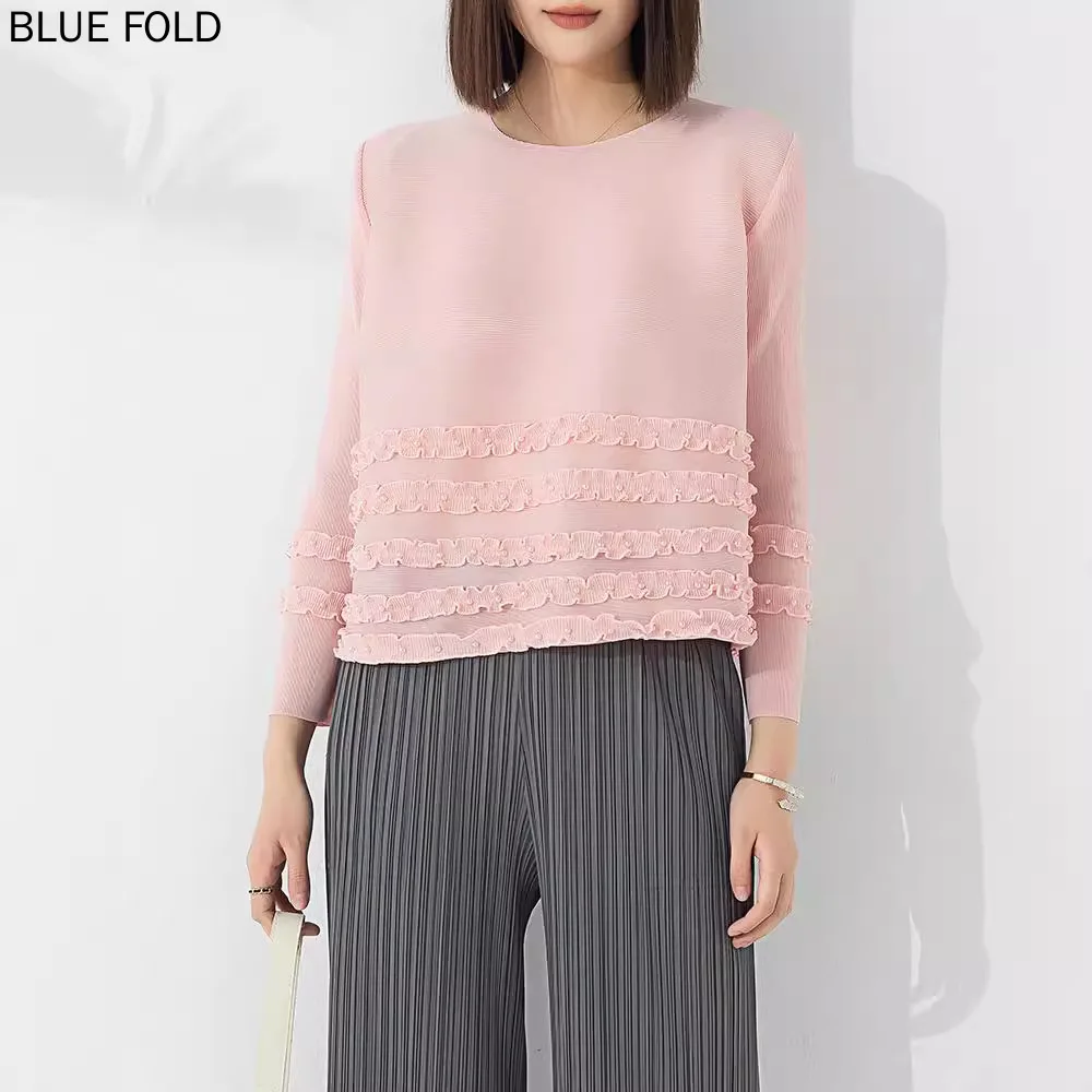 MIYAKE Pleated 2024 Autumn New Style Fashionable Loose Casual Long-sleeved Lace Round Neck Beaded Temperament Pullover Top PLEAT