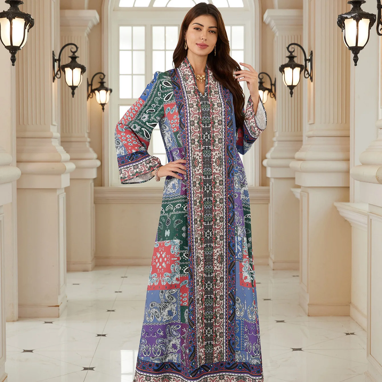 Eid Abaya Frauen Party Kleid v-ausschnitt Jalabiya Drucken Muslimischen Dubai Vestidos Largo Ramadan Marokko Gebet Kaftan Robe Abayas 2026