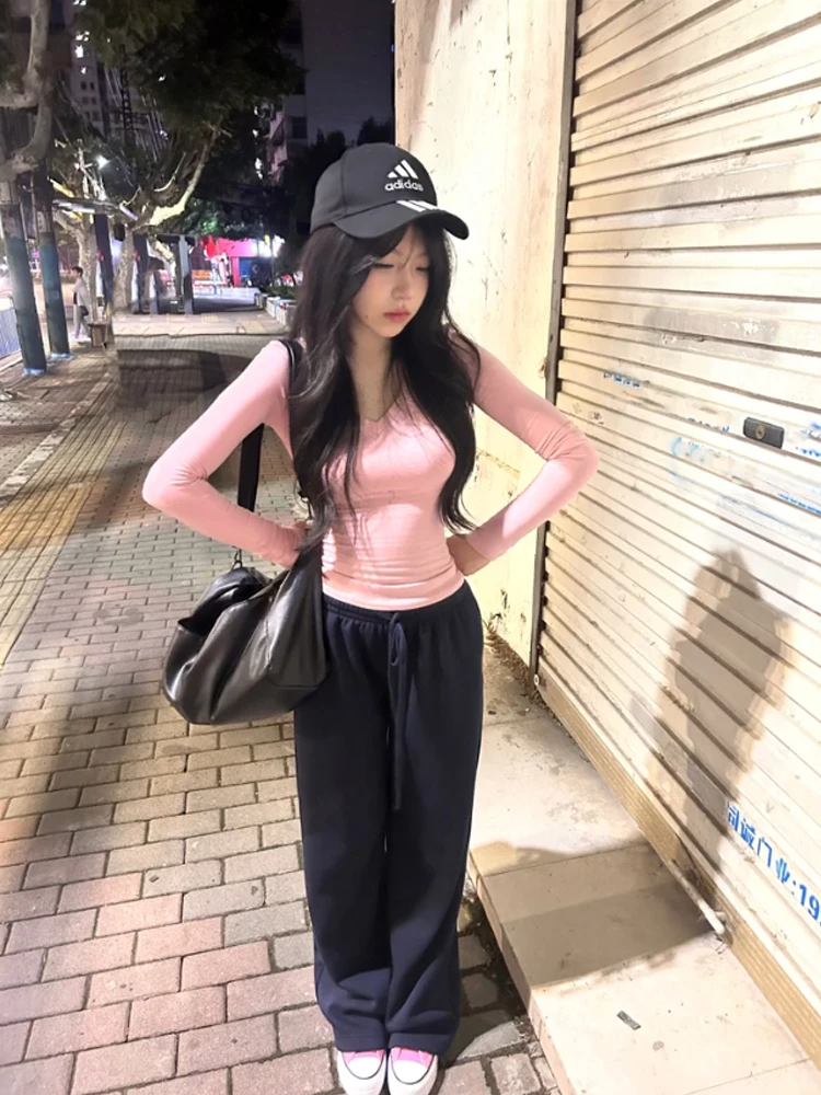 Cseta de Manga Larga Rosa con Cuello en V Estilo Americano para Mujer, Ropa Interior Sexy Elástica y Ajustada para Otoño