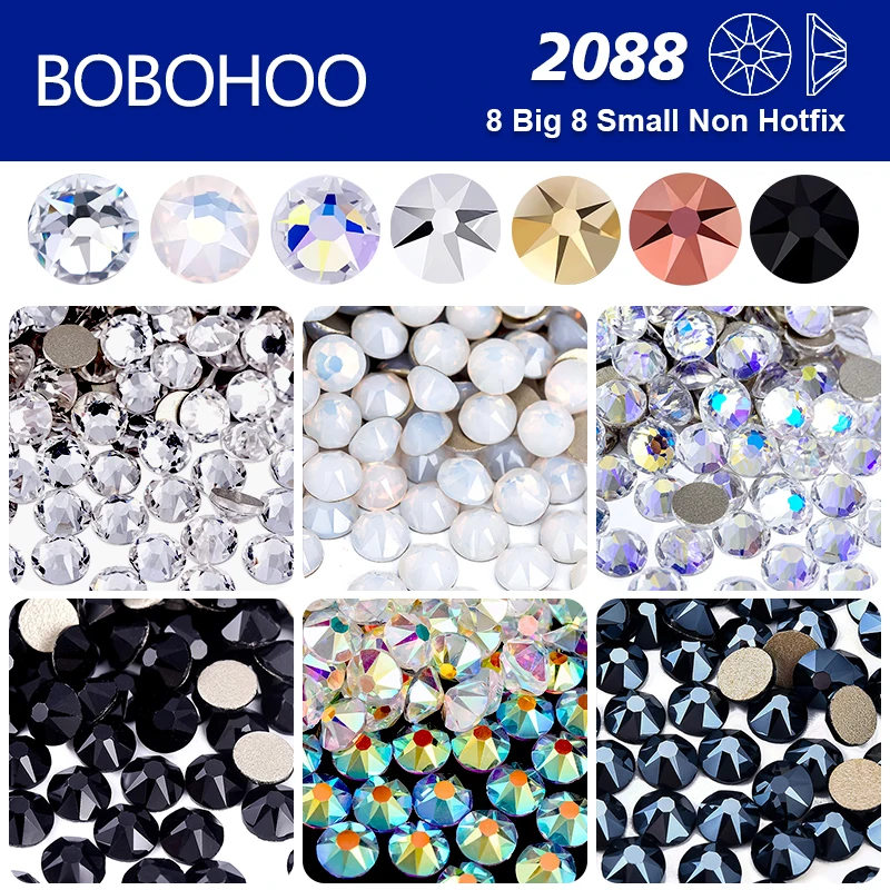 BOBOHOO 2088 Nicht-Heißfix Schwarze und Weiße Glasrhinestones Kristall Flachboden 8 Große 8 Kleine 16-Schliff Strass für Nägel, Kleidung, Schuhe, Taschen – Detail 1