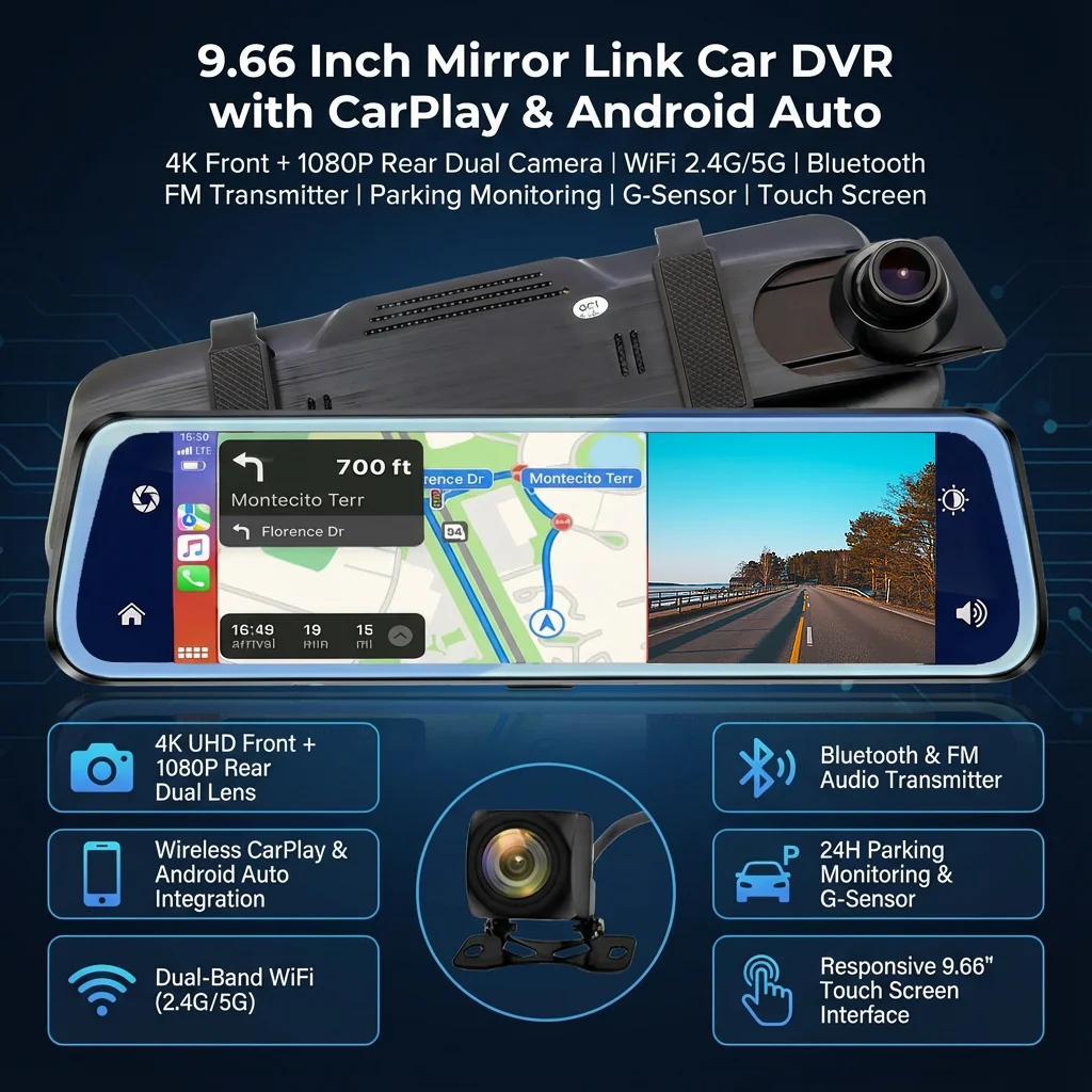 4K Car Mirror Link Dash Cam Wireless CarPlay Android Auto GPS Night Vision Video Camera Loop Recording 5G WiFi Parking Mode
