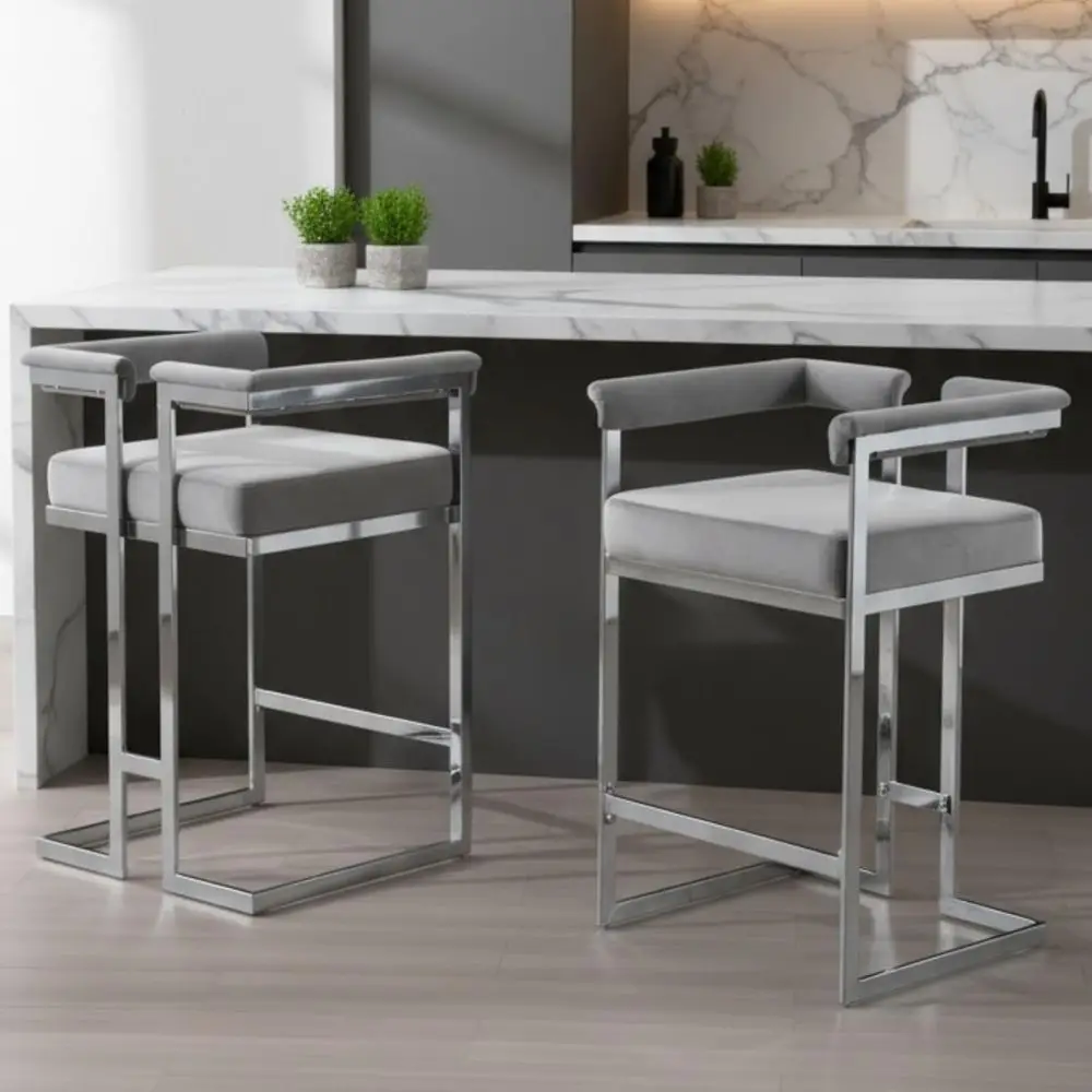 

Pair of 26 Grey Velvet Counter Stools with Chrome Metal Base for Kitchen Island or Home Bar