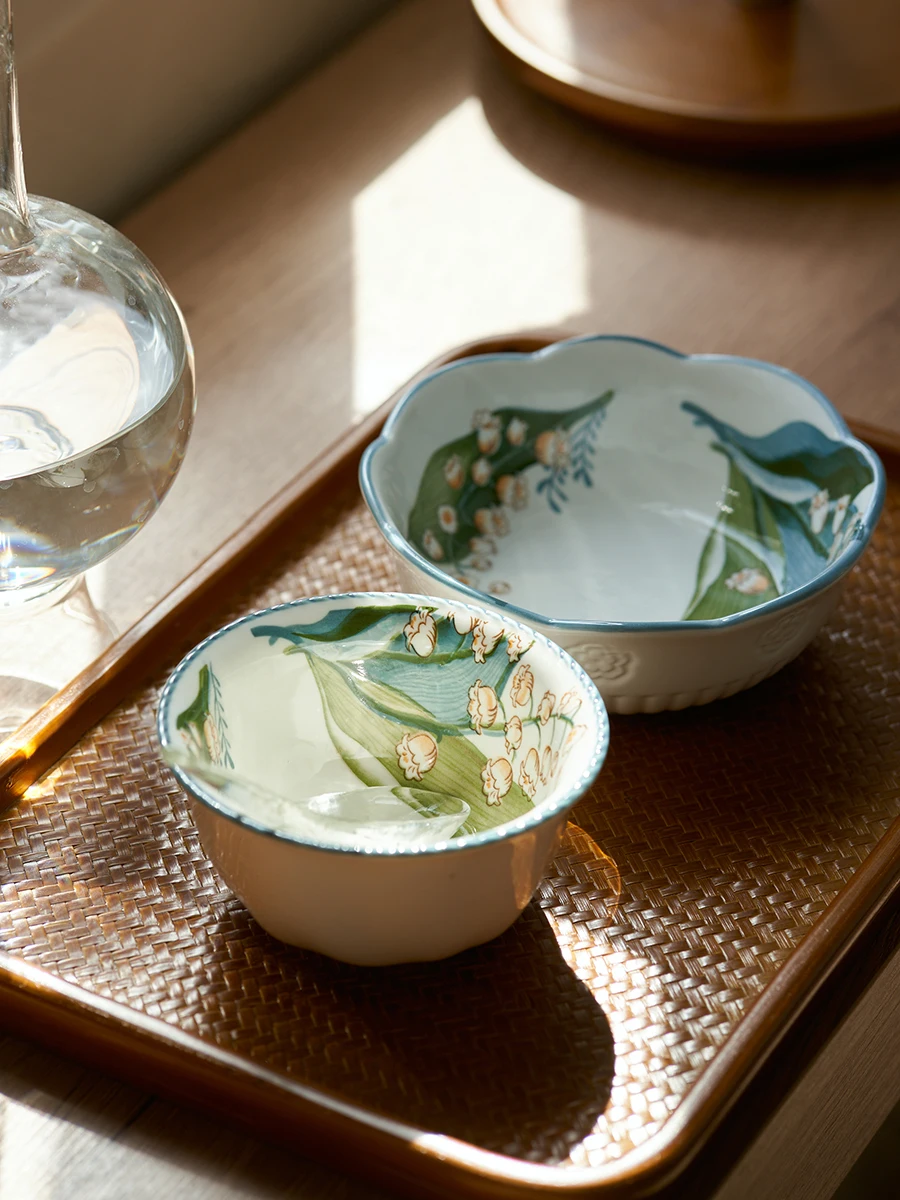 

April Bellflower Ceramic Rice Bowl Set round Shape French Style Garden Floral Dinnerware Personal Use Vintage Aesthetic