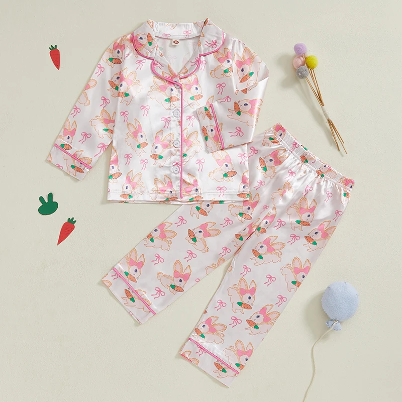 Tregren 1-7Y Kids Girl Easter Satin Pajama Set Bow Rabbit/Egg Bunny Long Sleeve Button-up Tops Long Pants 2Pcs Sleepwear Outfits