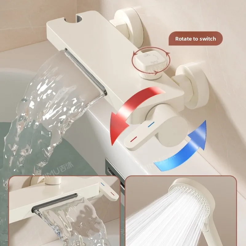 Wall Mounted Faucet Bathtub Cream Waterfall Mixer Valve High Flow Hot Cold Shower Set No Top Spray Decor Kit Luxury Premium