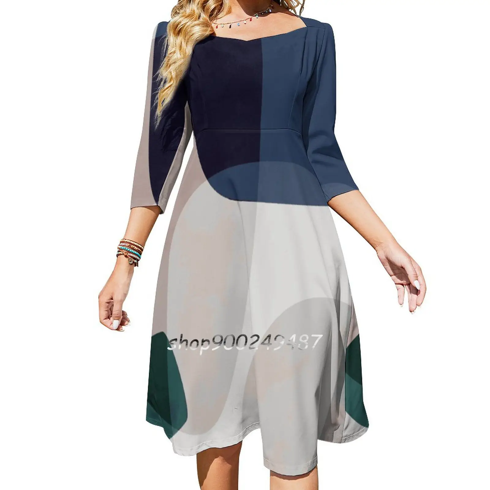 Graphic 190 Sweet Elegant Dress Women Korean Kawaii Square Collar Dress Abstract Shape Circle Texture Graphic Minimalist